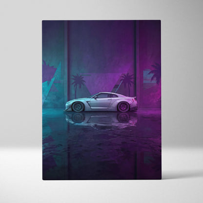 Nissan GT-R R35 Inspired Silver Purple Canvas Wall Art, Neon Vaporwave JDM Supercar Artwork for Modern Garage Decor