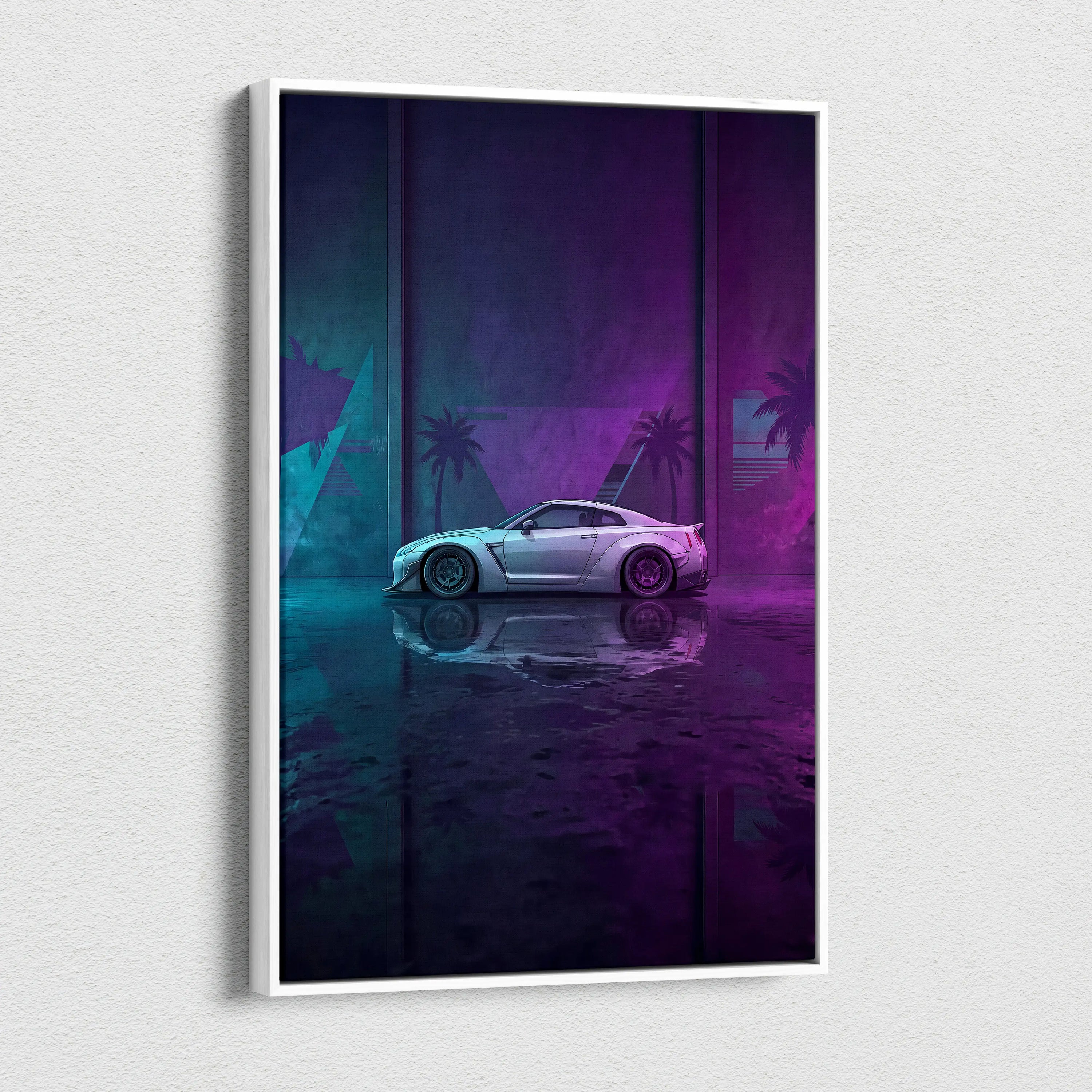Nissan GT-R R35 Inspired Silver Purple Canvas Wall Art, Neon Vaporwave JDM Supercar Artwork for Modern Garage Decor