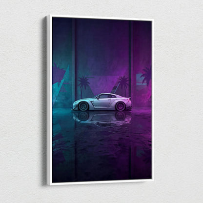 Nissan GT-R R35 Inspired Silver Purple Canvas Wall Art, Neon Vaporwave JDM Supercar Artwork for Modern Garage Decor