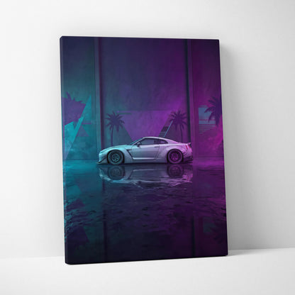 Nissan GT-R R35 Inspired Silver Purple Canvas Wall Art, Neon Vaporwave JDM Supercar Artwork for Modern Garage Decor