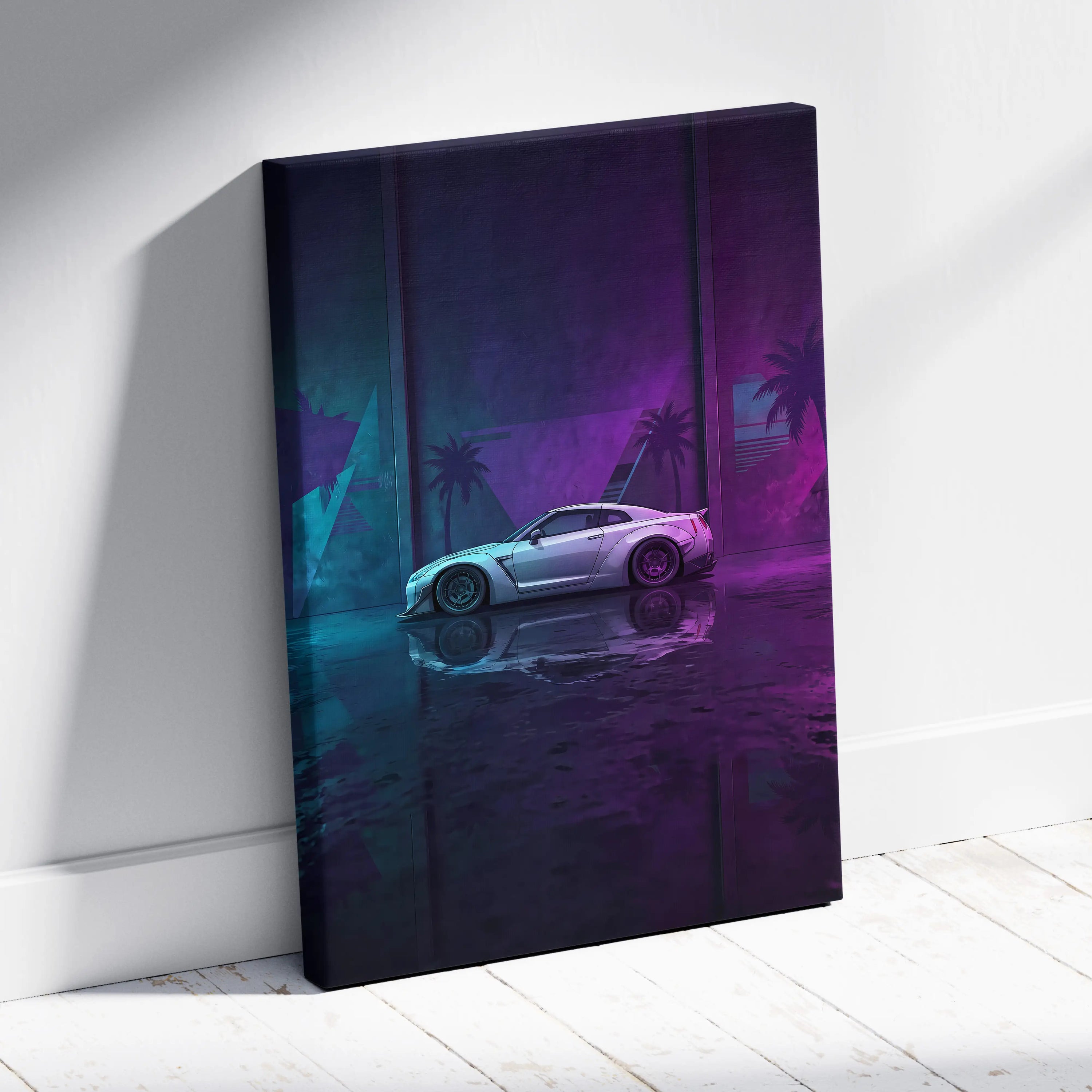 Nissan GT-R R35 Inspired Silver Purple Canvas Wall Art, Neon Vaporwave JDM Supercar Artwork for Modern Garage Decor