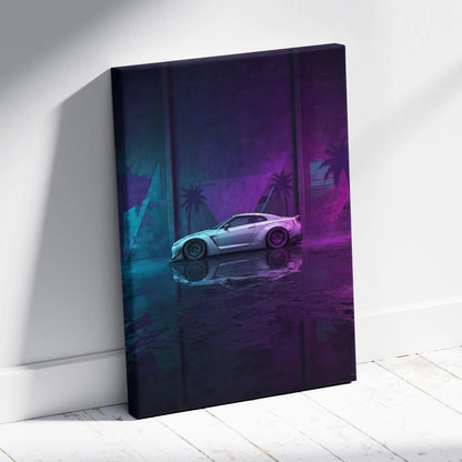 Nissan GT-R R35 Inspired Silver Purple Canvas Wall Art, Neon Vaporwave JDM Supercar Artwork for Modern Garage Decor