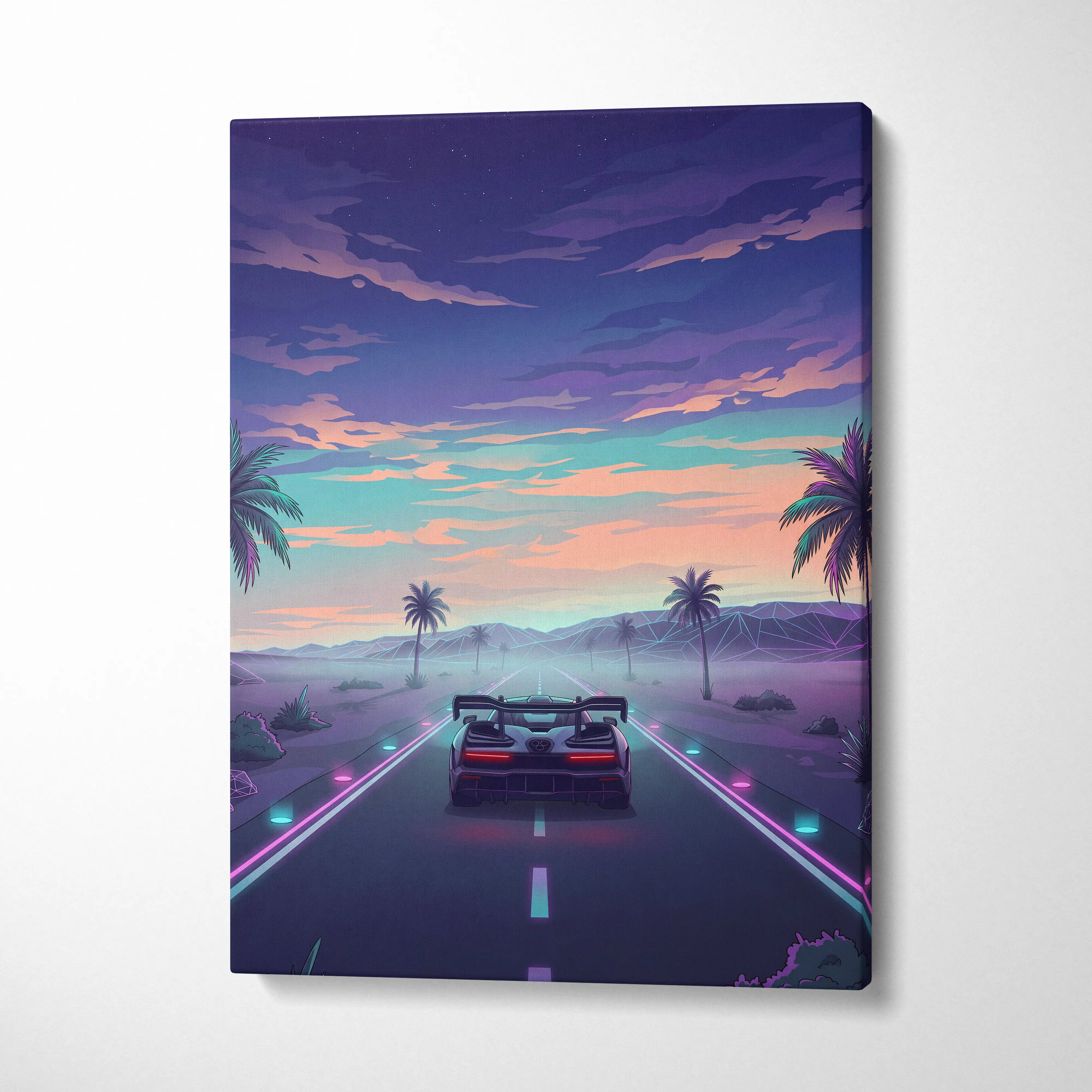 McLaren Senna Inspired Blue Purple Canvas Wall Art, Vaporwave Hypercar Artwork, Neon Desert Highway Decor, Retro Futuristic Print