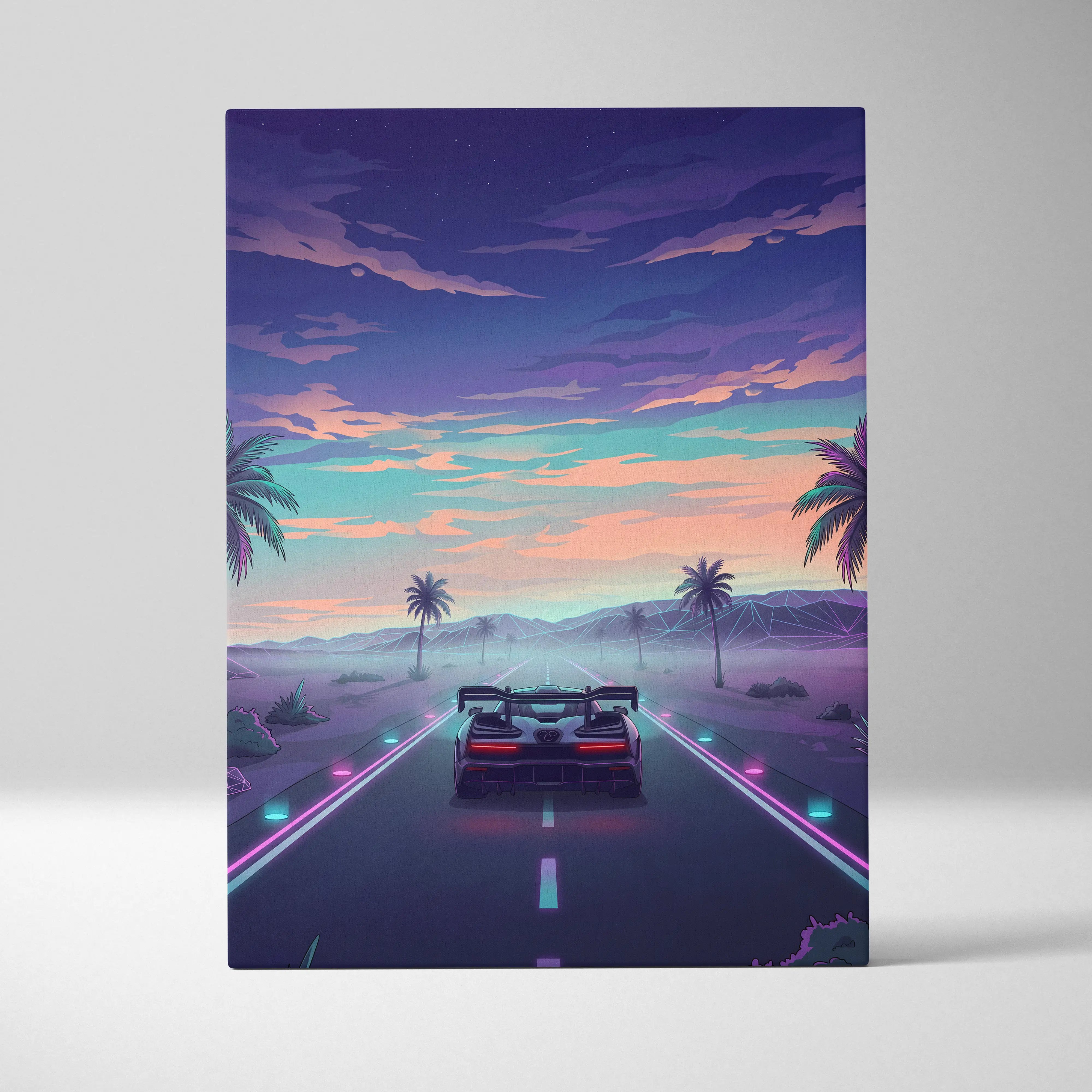 McLaren Senna Inspired Blue Purple Canvas Wall Art, Vaporwave Hypercar Artwork, Neon Desert Highway Decor, Retro Futuristic Print