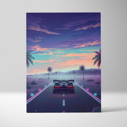 McLaren Senna Inspired Blue Purple Canvas Wall Art, Vaporwave Hypercar Artwork, Neon Desert Highway Decor, Retro Futuristic Print