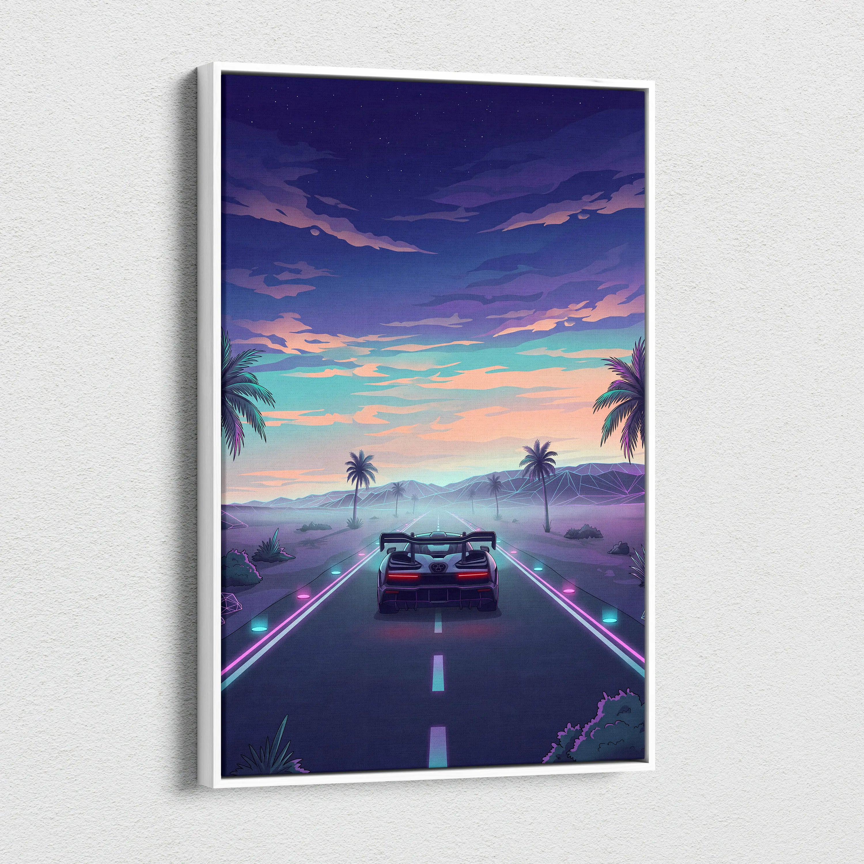 McLaren Senna Inspired Blue Purple Canvas Wall Art, Vaporwave Hypercar Artwork, Neon Desert Highway Decor, Retro Futuristic Print