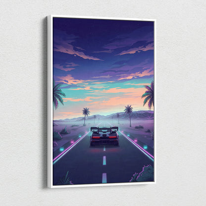 McLaren Senna Inspired Blue Purple Canvas Wall Art, Vaporwave Hypercar Artwork, Neon Desert Highway Decor, Retro Futuristic Print