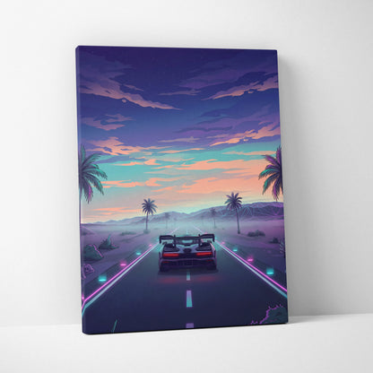 McLaren Senna Inspired Blue Purple Canvas Wall Art, Vaporwave Hypercar Artwork, Neon Desert Highway Decor, Retro Futuristic Print