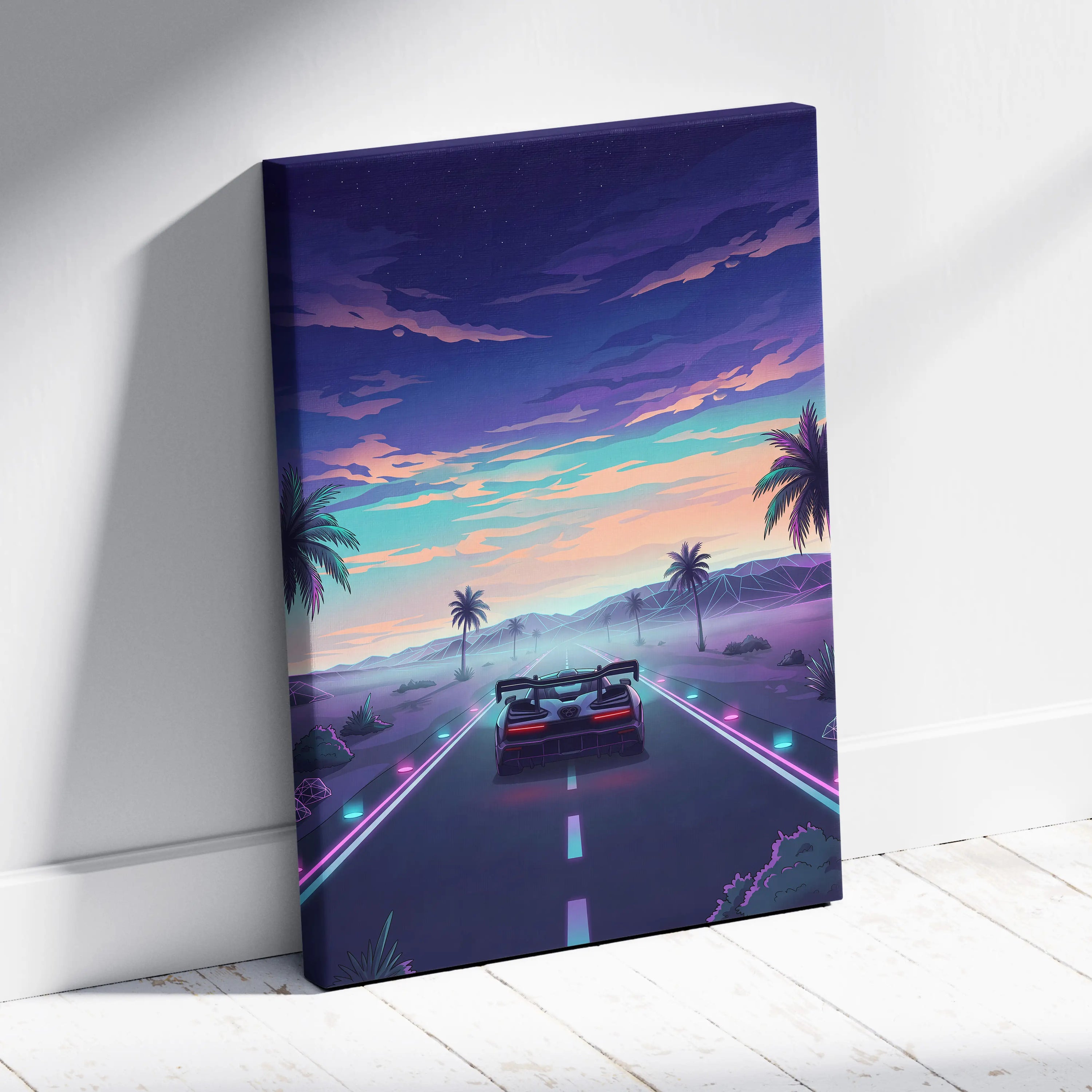 McLaren Senna Inspired Blue Purple Canvas Wall Art, Vaporwave Hypercar Artwork, Neon Desert Highway Decor, Retro Futuristic Print