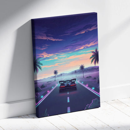 McLaren Senna Inspired Blue Purple Canvas Wall Art, Vaporwave Hypercar Artwork, Neon Desert Highway Decor, Retro Futuristic Print