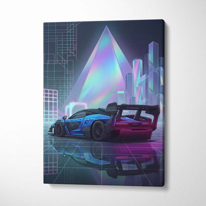 McLaren Senna GTR Inspired Blue Purple Canvas Wall Art, Vaporwave Track Car Artwork, Neon Grid Garage Decor, Retro Futuristic Motorsport Print