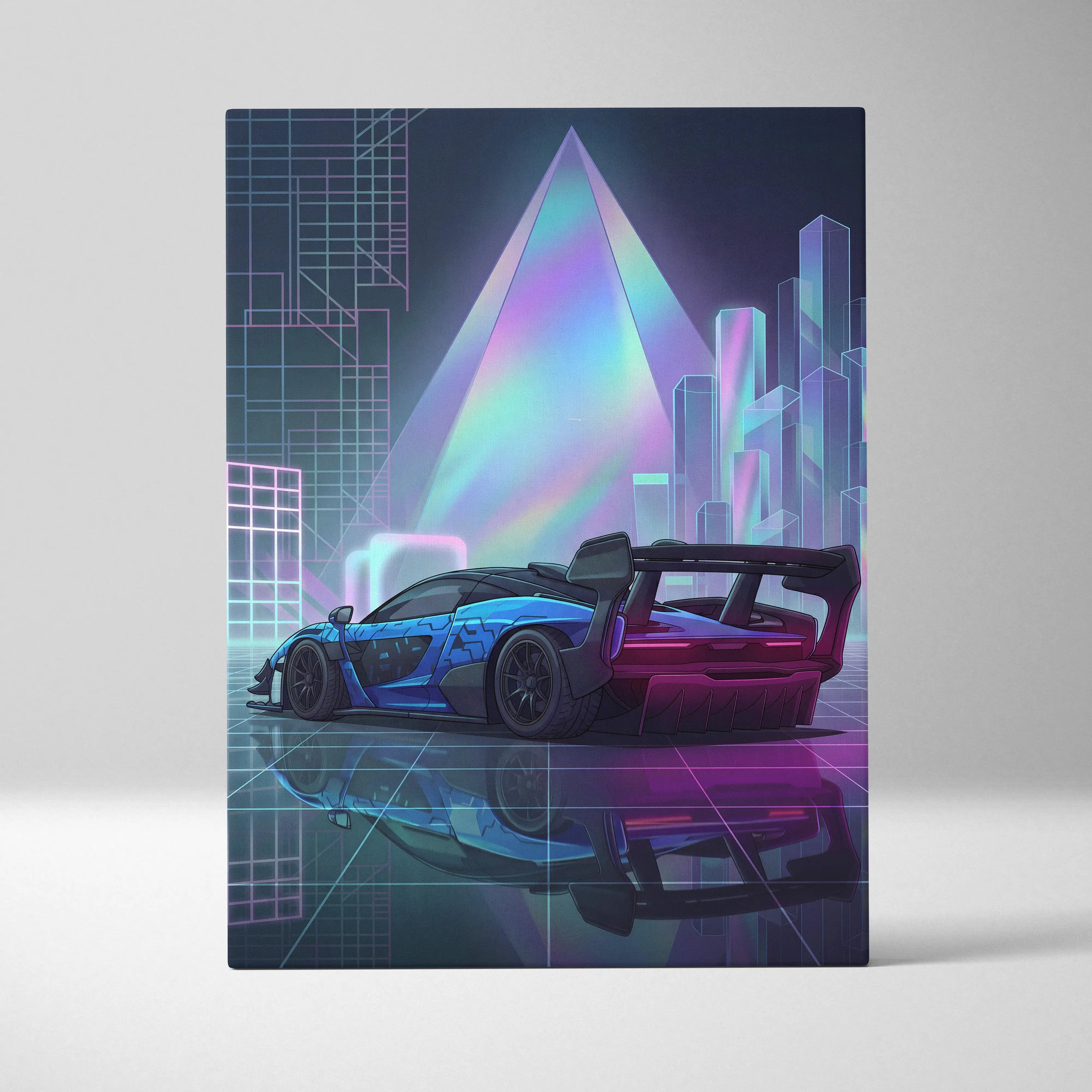 McLaren Senna GTR Inspired Blue Purple Canvas Wall Art, Vaporwave Track Car Artwork, Neon Grid Garage Decor, Retro Futuristic Motorsport Print