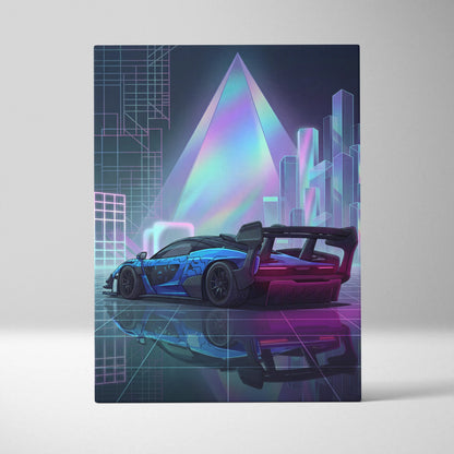 McLaren Senna GTR Inspired Blue Purple Canvas Wall Art, Vaporwave Track Car Artwork, Neon Grid Garage Decor, Retro Futuristic Motorsport Print
