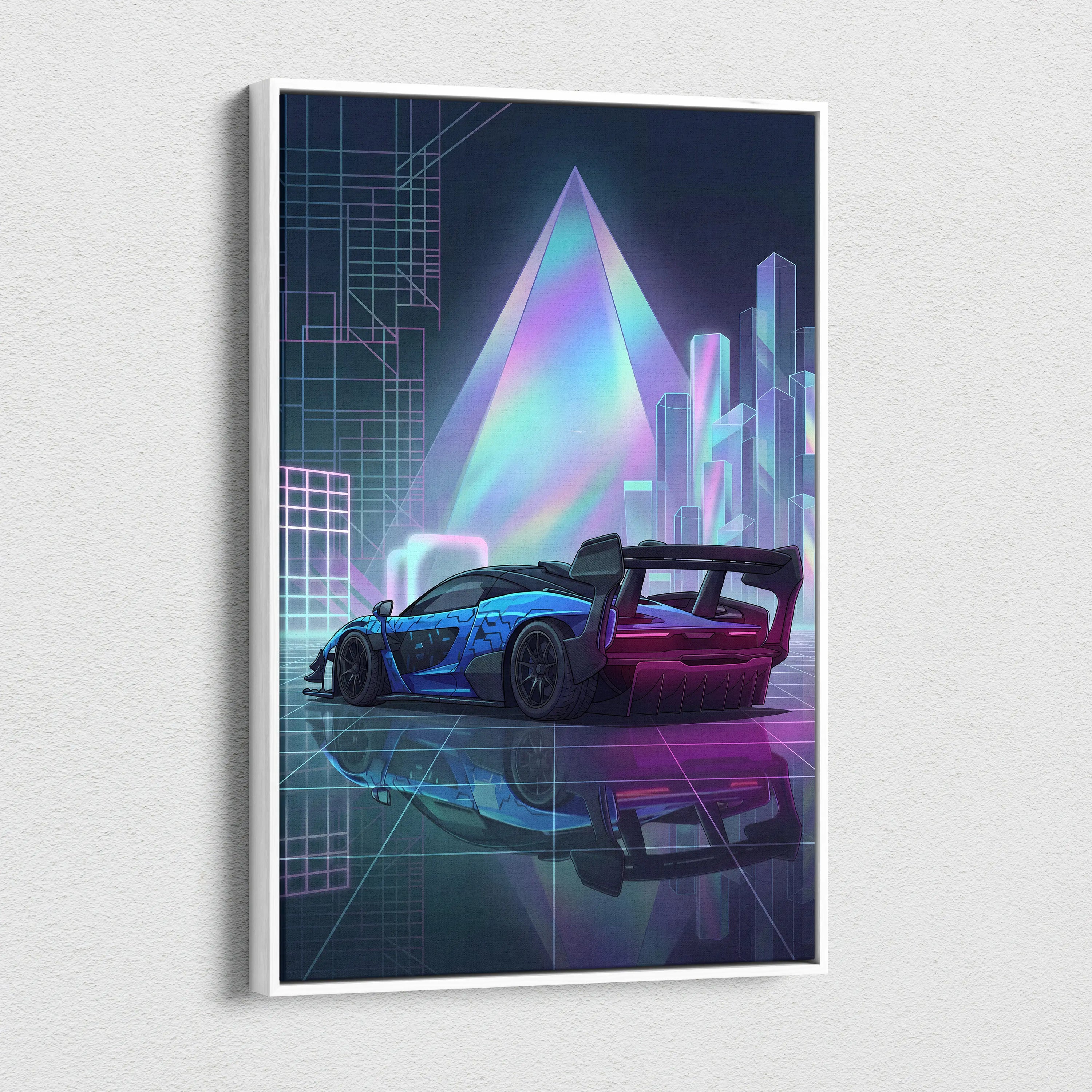 McLaren Senna GTR Inspired Blue Purple Canvas Wall Art, Vaporwave Track Car Artwork, Neon Grid Garage Decor, Retro Futuristic Motorsport Print