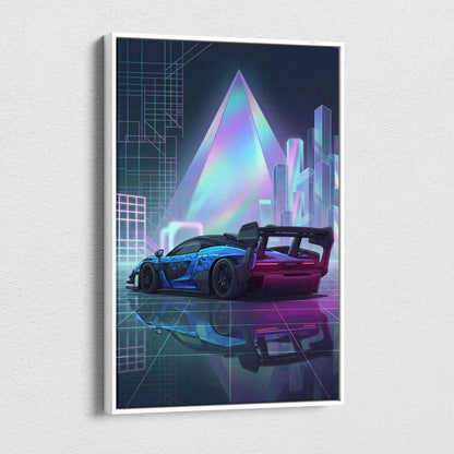 McLaren Senna GTR Inspired Blue Purple Canvas Wall Art, Vaporwave Track Car Artwork, Neon Grid Garage Decor, Retro Futuristic Motorsport Print