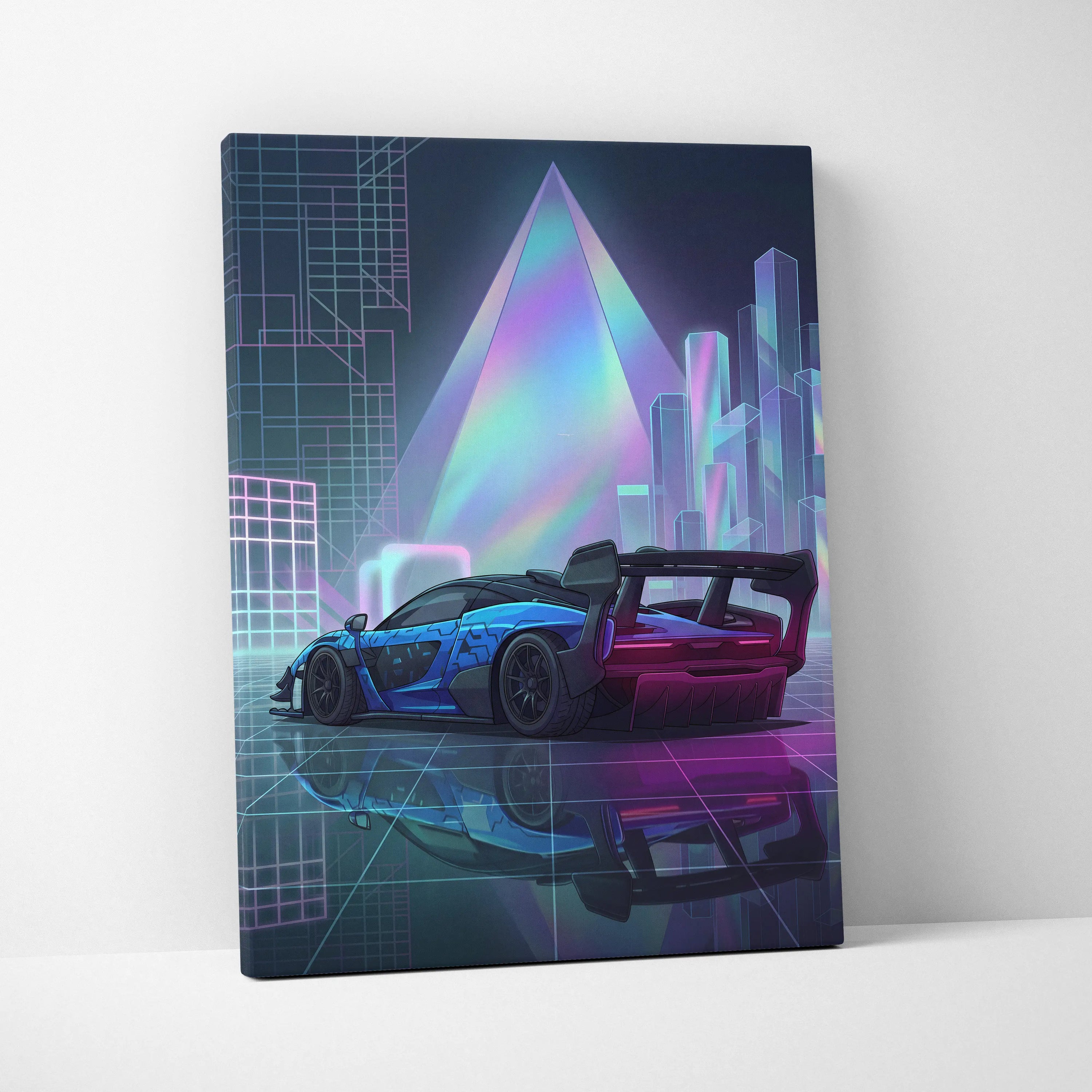 McLaren Senna GTR Inspired Blue Purple Canvas Wall Art, Vaporwave Track Car Artwork, Neon Grid Garage Decor, Retro Futuristic Motorsport Print
