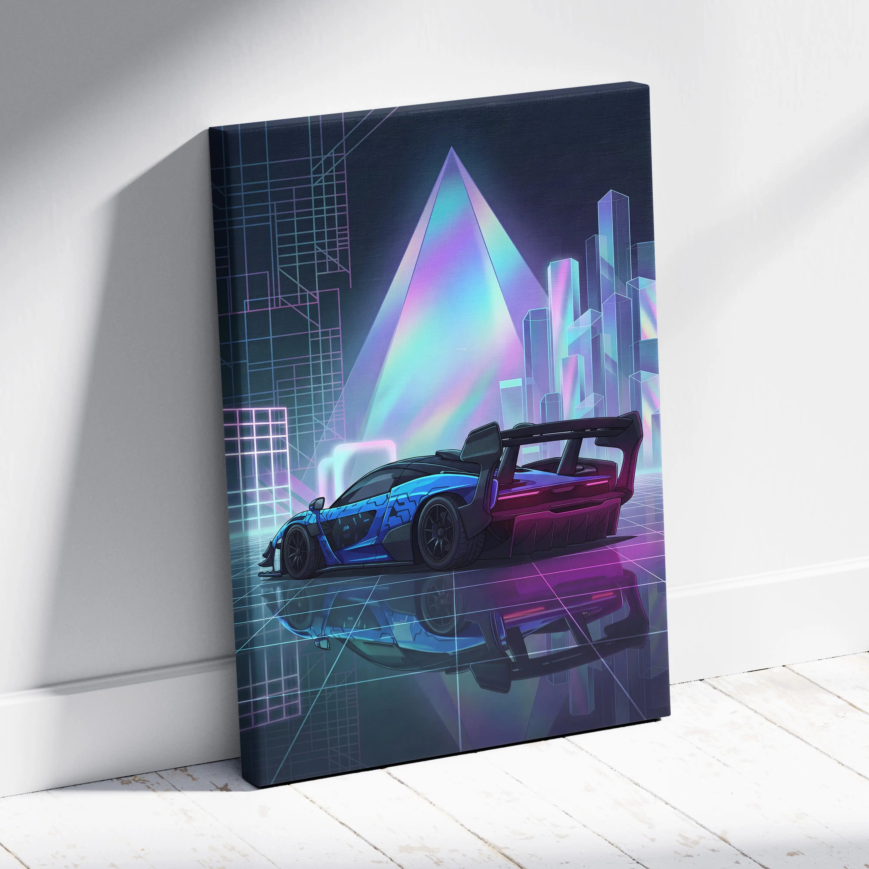 McLaren Senna GTR Inspired Blue Purple Canvas Wall Art, Vaporwave Track Car Artwork, Neon Grid Garage Decor, Retro Futuristic Motorsport Print