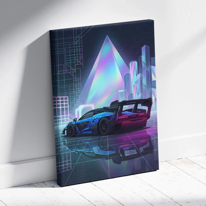 McLaren Senna GTR Inspired Blue Purple Canvas Wall Art, Vaporwave Track Car Artwork, Neon Grid Garage Decor, Retro Futuristic Motorsport Print