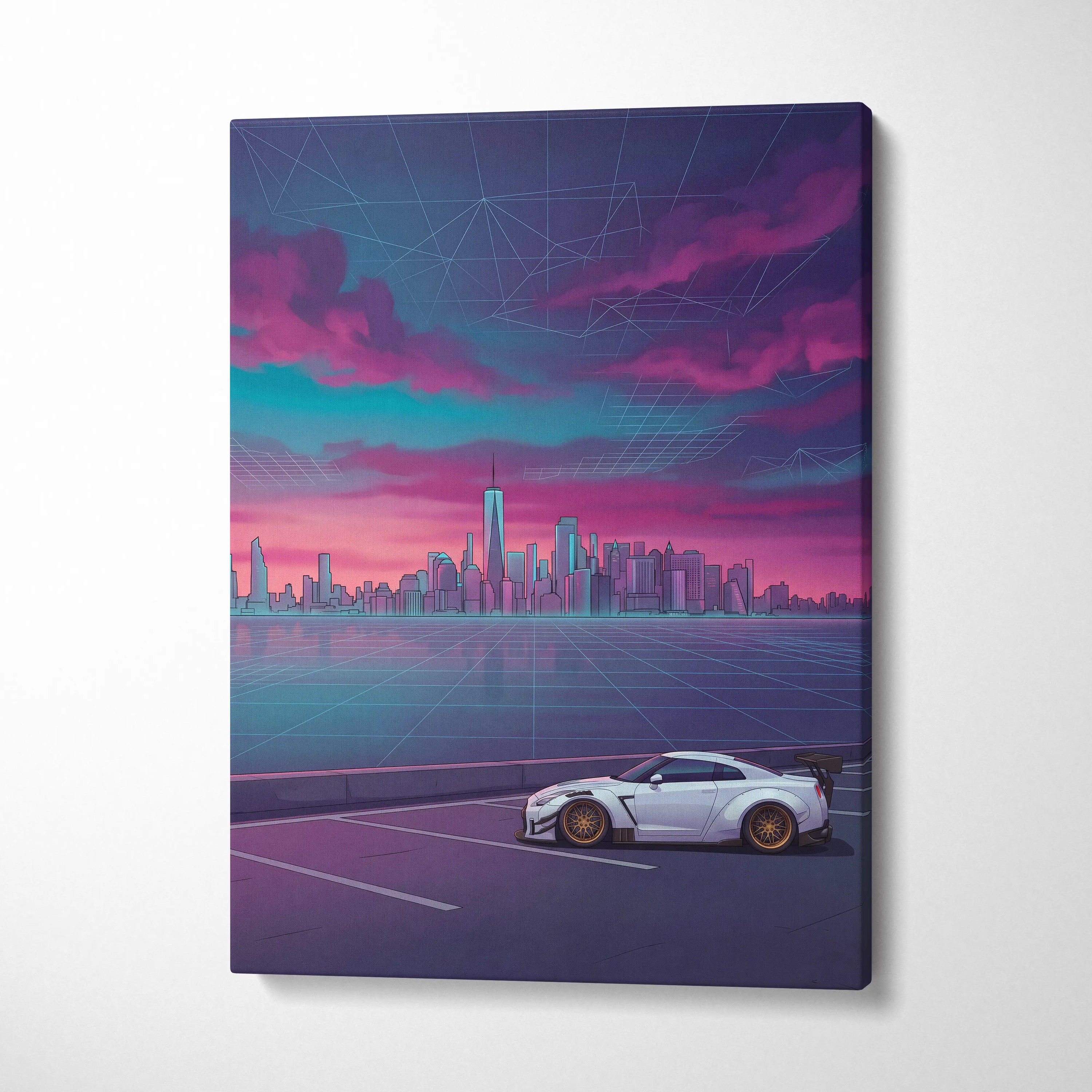 Nissan GT-R R35 Inspired White Purple Canvas Wall Art, Vaporwave JDM Supercar Artwork, Neon City Skyline Decor, Retro Futuristic Print