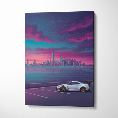 Nissan GT-R R35 Inspired White Purple Canvas Wall Art, Vaporwave JDM Supercar Artwork, Neon City Skyline Decor, Retro Futuristic Print