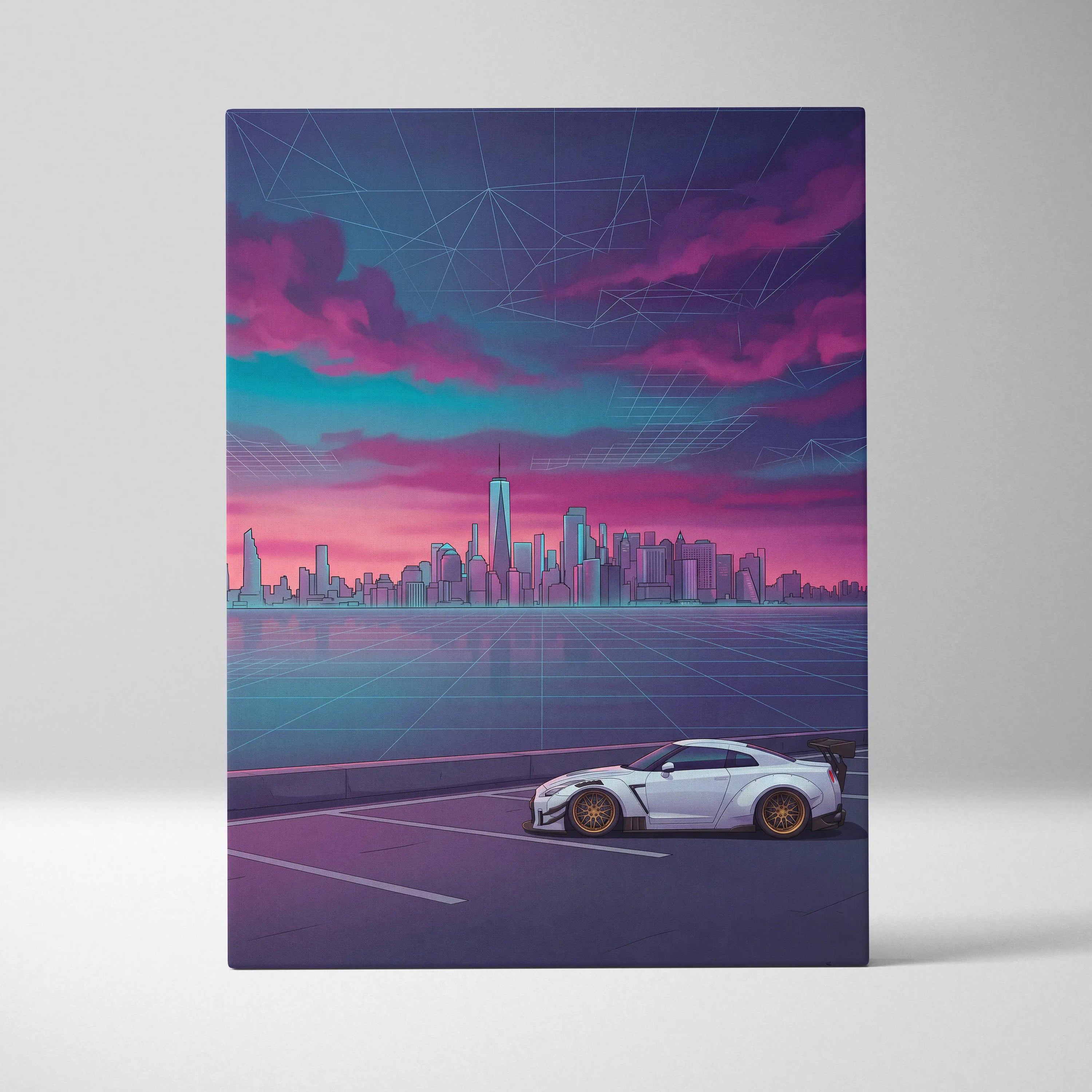 Nissan GT-R R35 Inspired White Purple Canvas Wall Art, Vaporwave JDM Supercar Artwork, Neon City Skyline Decor, Retro Futuristic Print