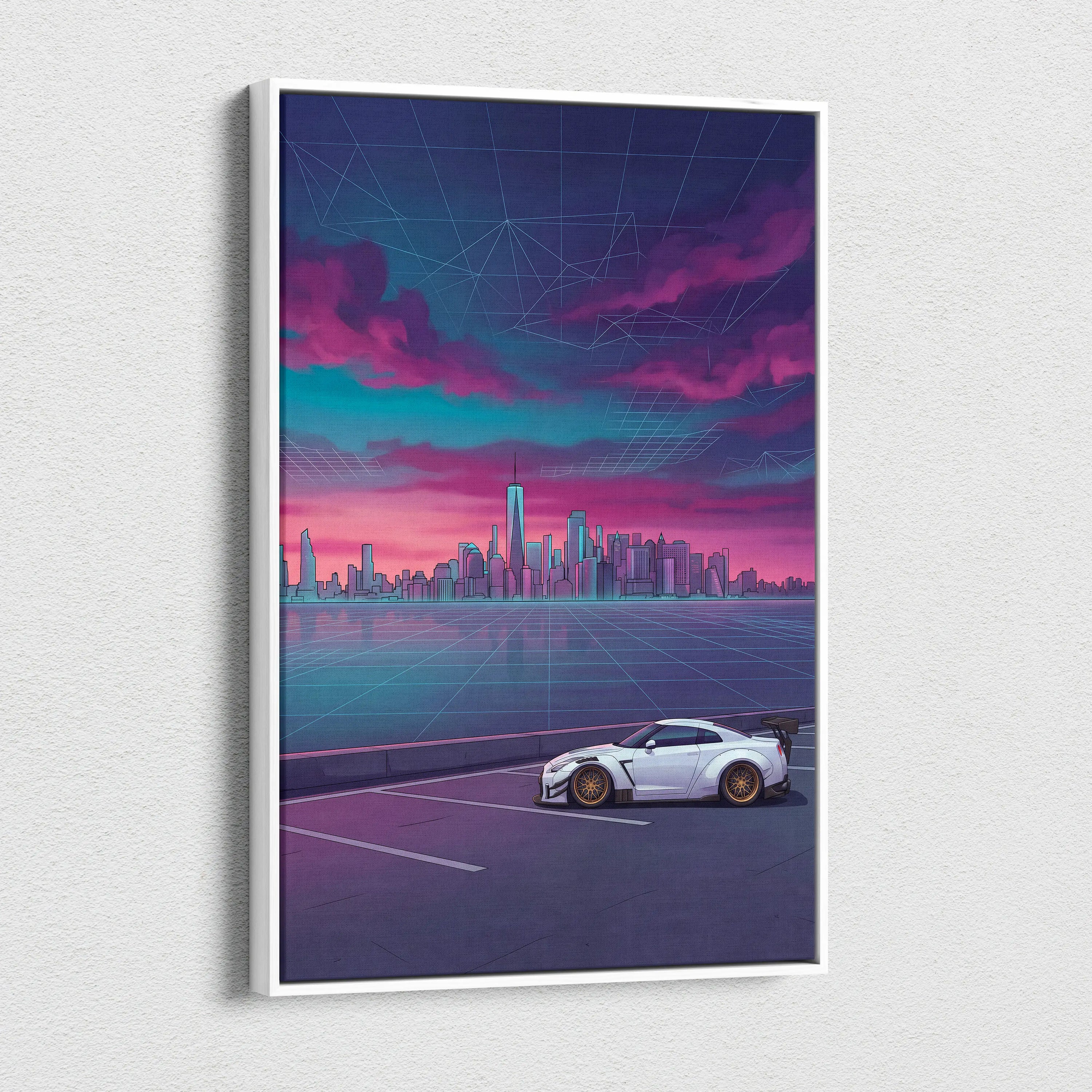 Nissan GT-R R35 Inspired White Purple Canvas Wall Art, Vaporwave JDM Supercar Artwork, Neon City Skyline Decor, Retro Futuristic Print