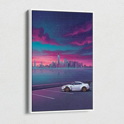 Nissan GT-R R35 Inspired White Purple Canvas Wall Art, Vaporwave JDM Supercar Artwork, Neon City Skyline Decor, Retro Futuristic Print