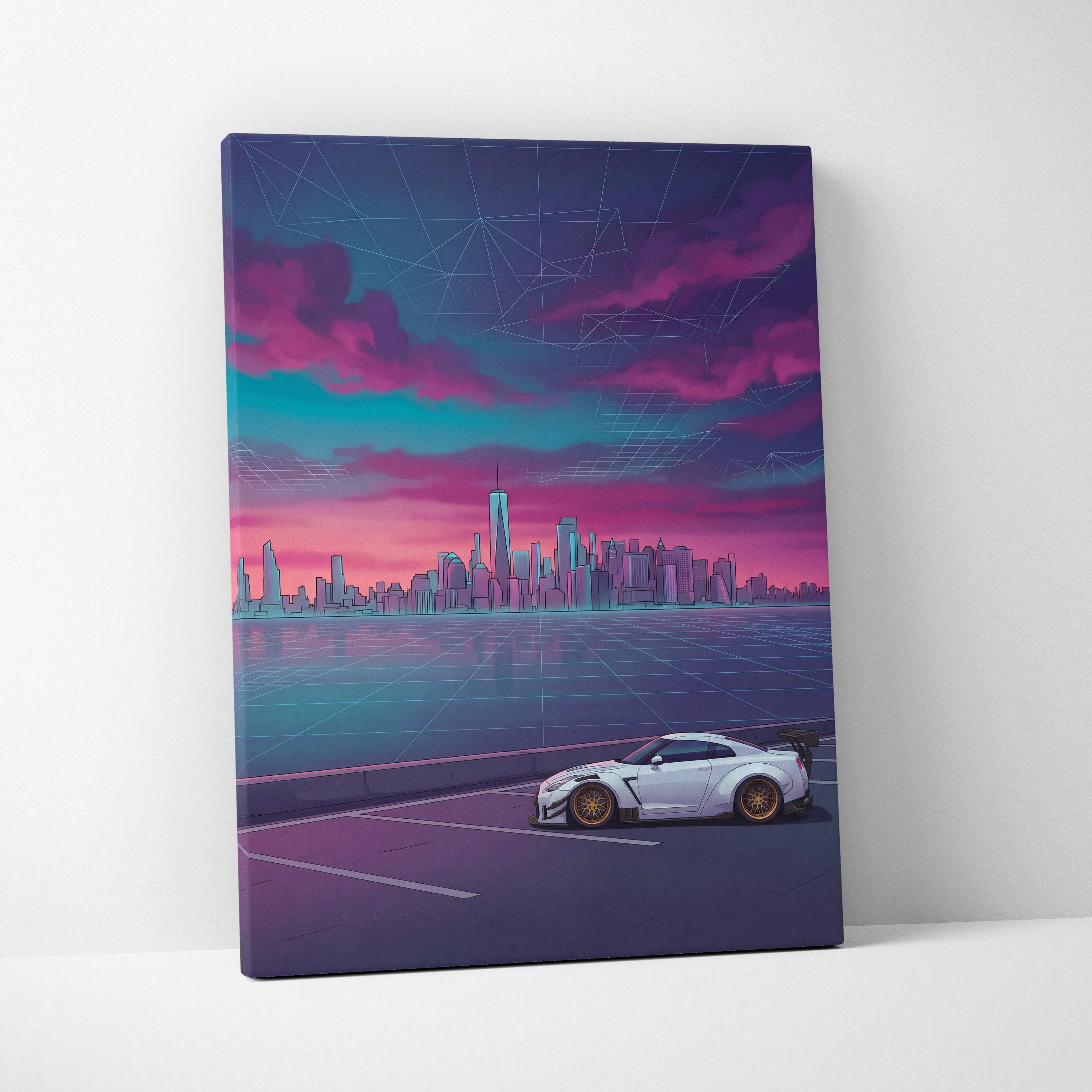 Nissan GT-R R35 Inspired White Purple Canvas Wall Art, Vaporwave JDM Supercar Artwork, Neon City Skyline Decor, Retro Futuristic Print