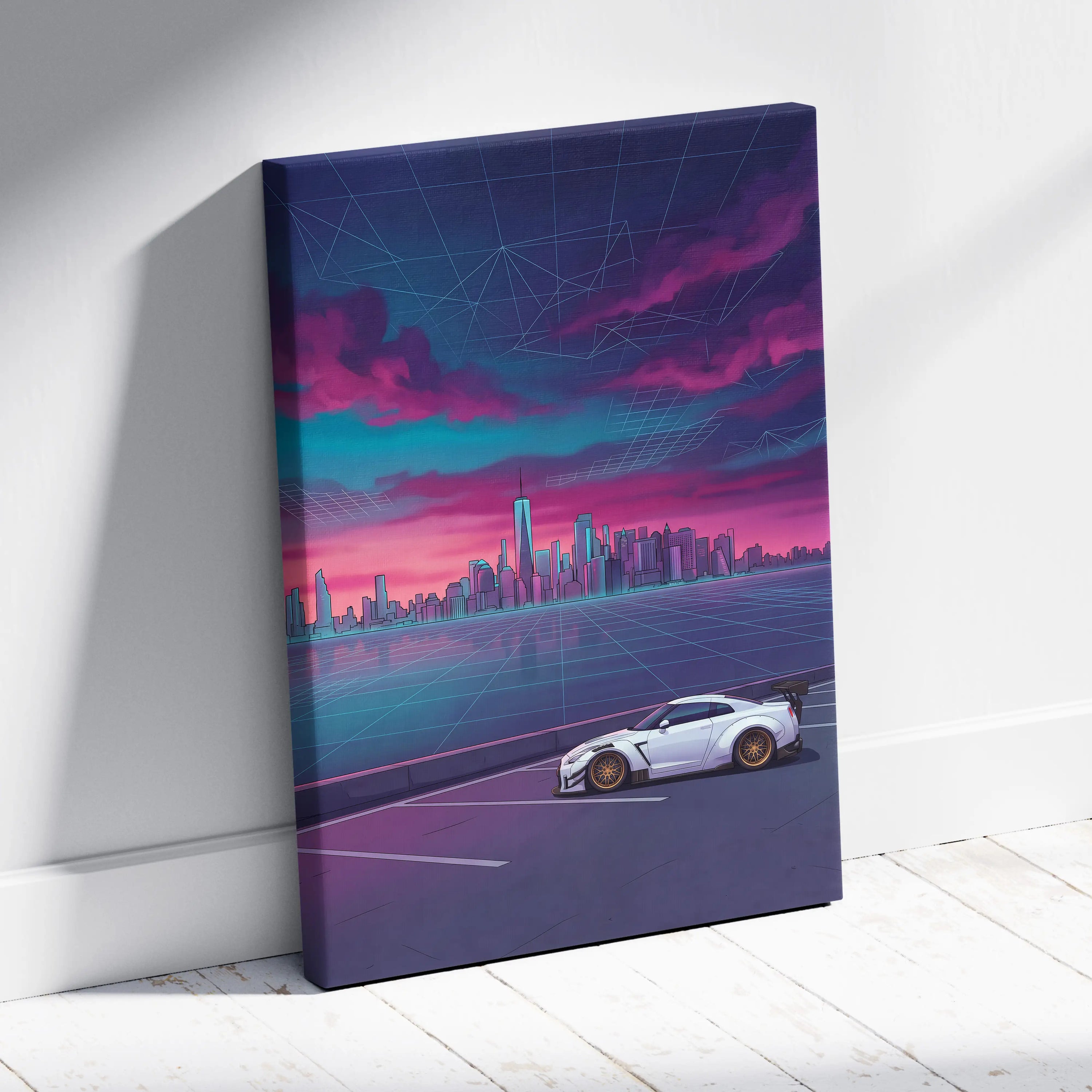Nissan GT-R R35 Inspired White Purple Canvas Wall Art, Vaporwave JDM Supercar Artwork, Neon City Skyline Decor, Retro Futuristic Print