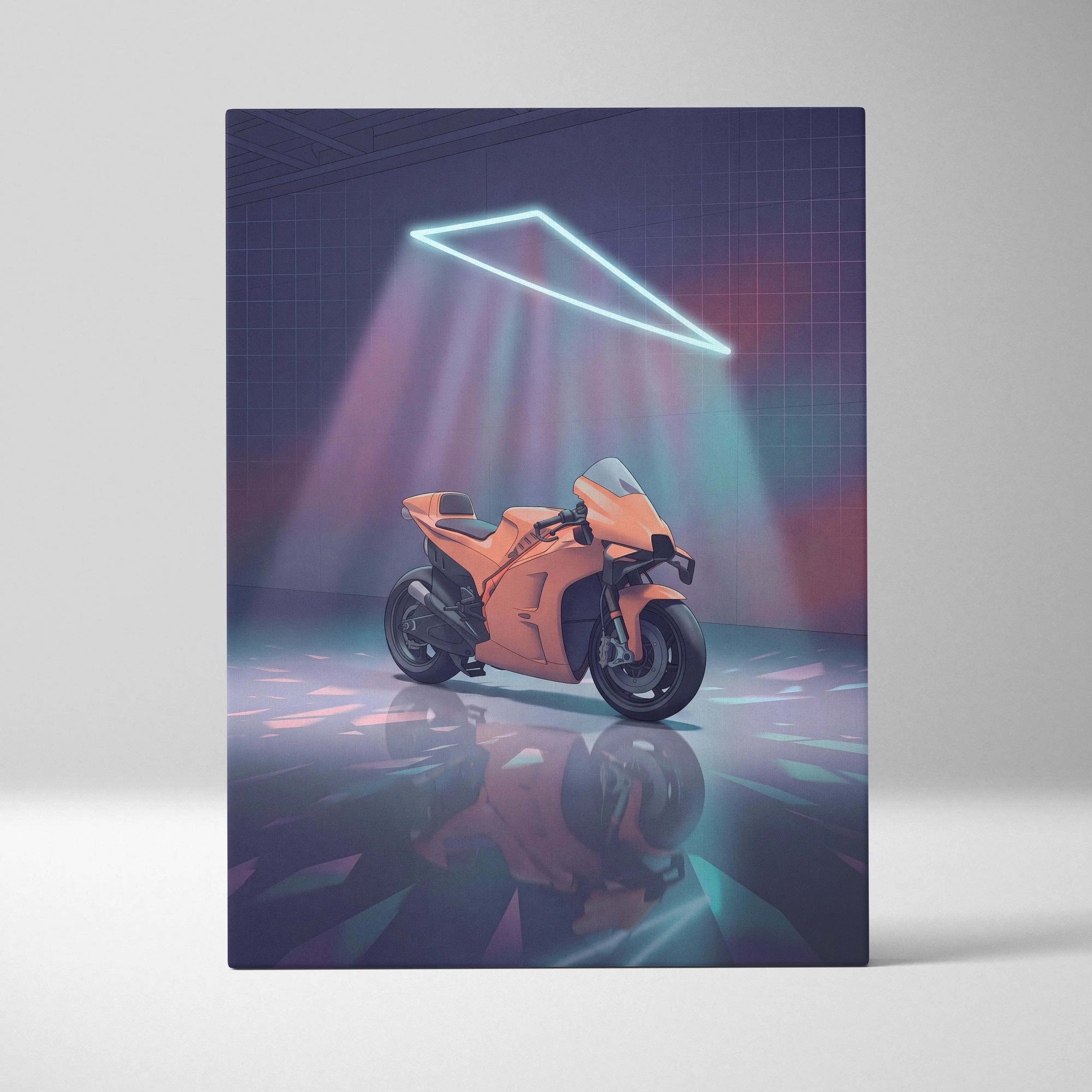 KTM RC 8C Inspired Orange Teal Motorcycle Canvas Wall Art Vaporwave Neon Garage Sportbike Artwork for Retro Futuristic Decor Print