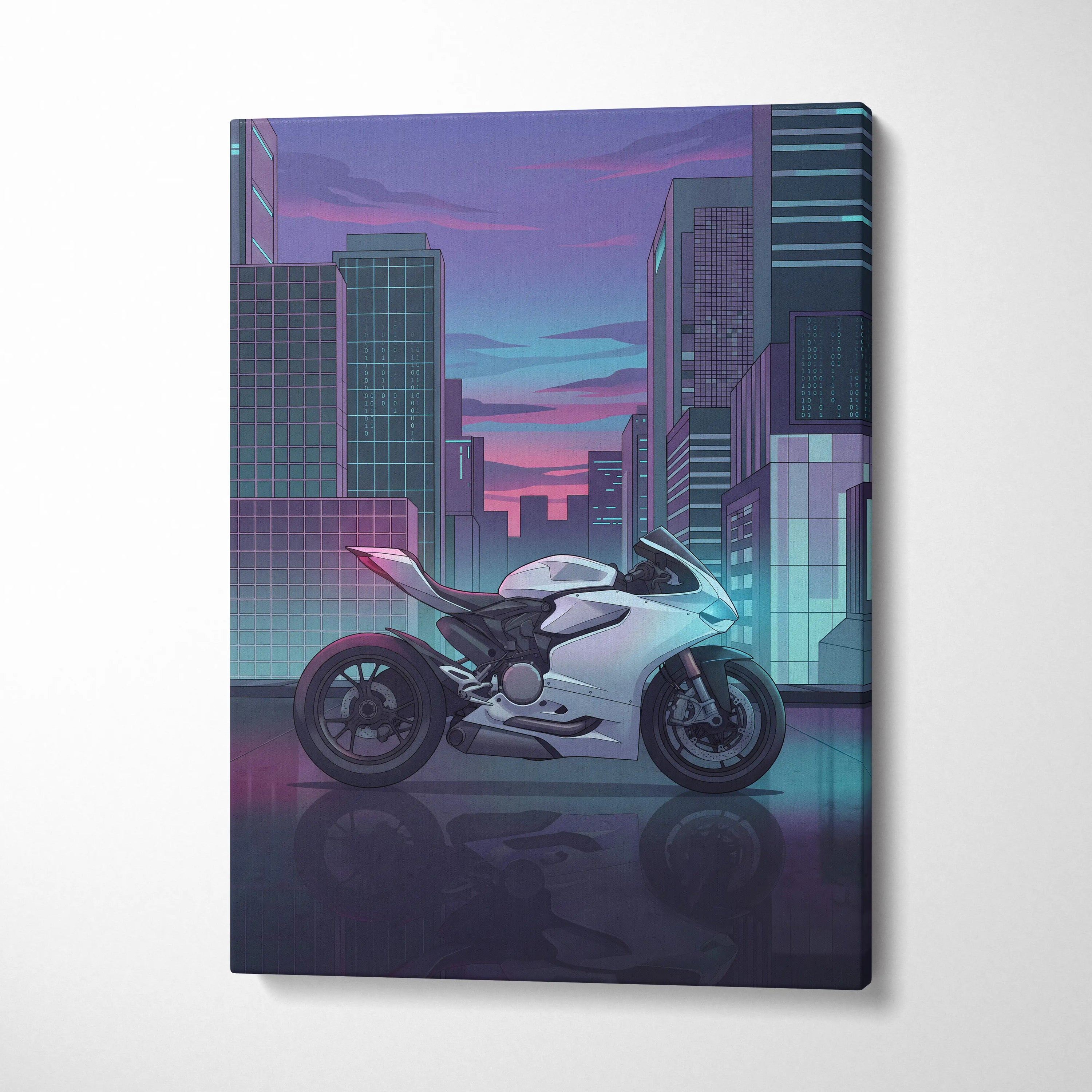 Ducati Panigale V2 Inspired White Teal Vaporwave Motorcycle Canvas Wall Art Neon City Sportbike Artwork Cyberpunk Garage Decor