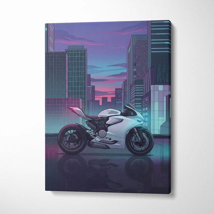 Ducati Panigale V2 Inspired White Teal Vaporwave Motorcycle Canvas Wall Art Neon City Sportbike Artwork Cyberpunk Garage Decor