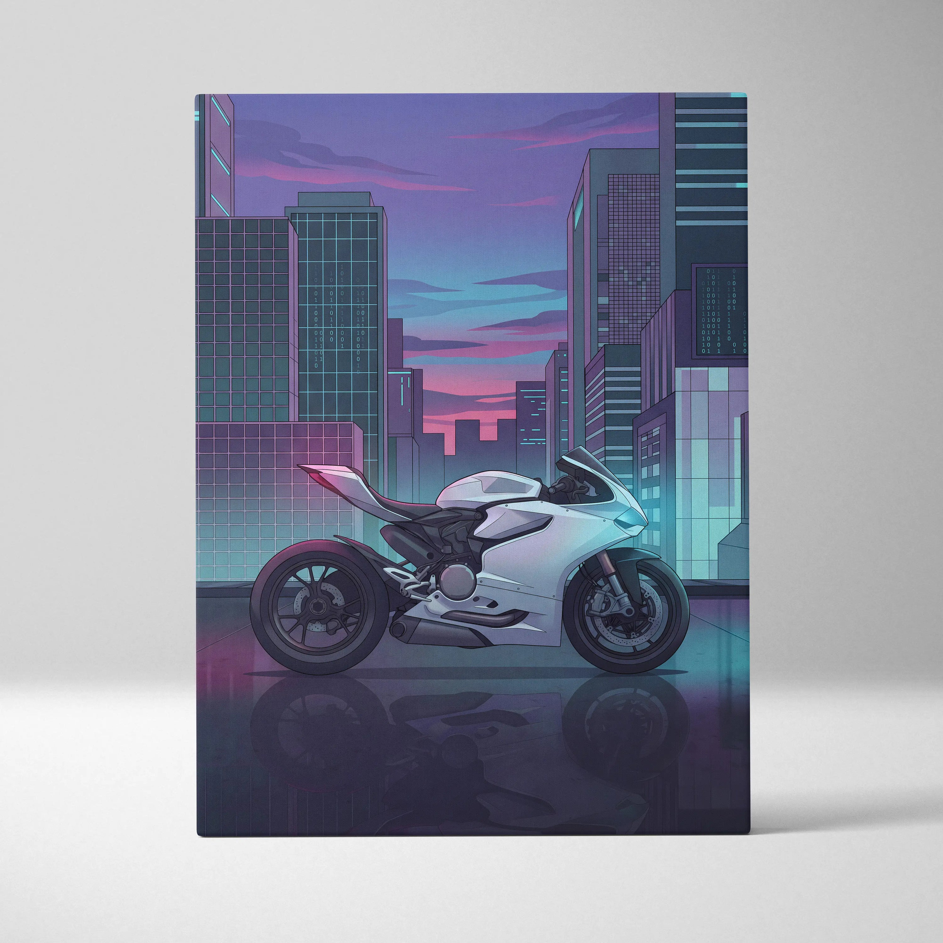 Ducati Panigale V2 Inspired White Teal Vaporwave Motorcycle Canvas Wall Art Neon City Sportbike Artwork Cyberpunk Garage Decor