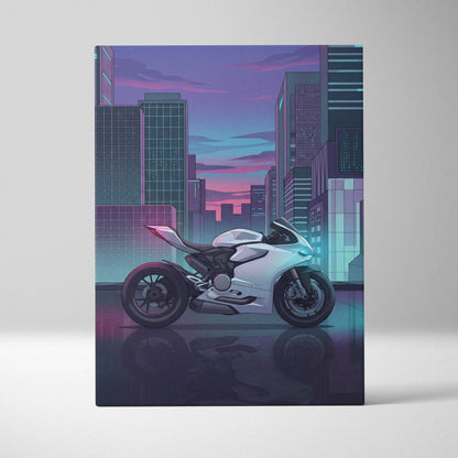Ducati Panigale V2 Inspired White Teal Vaporwave Motorcycle Canvas Wall Art Neon City Sportbike Artwork Cyberpunk Garage Decor