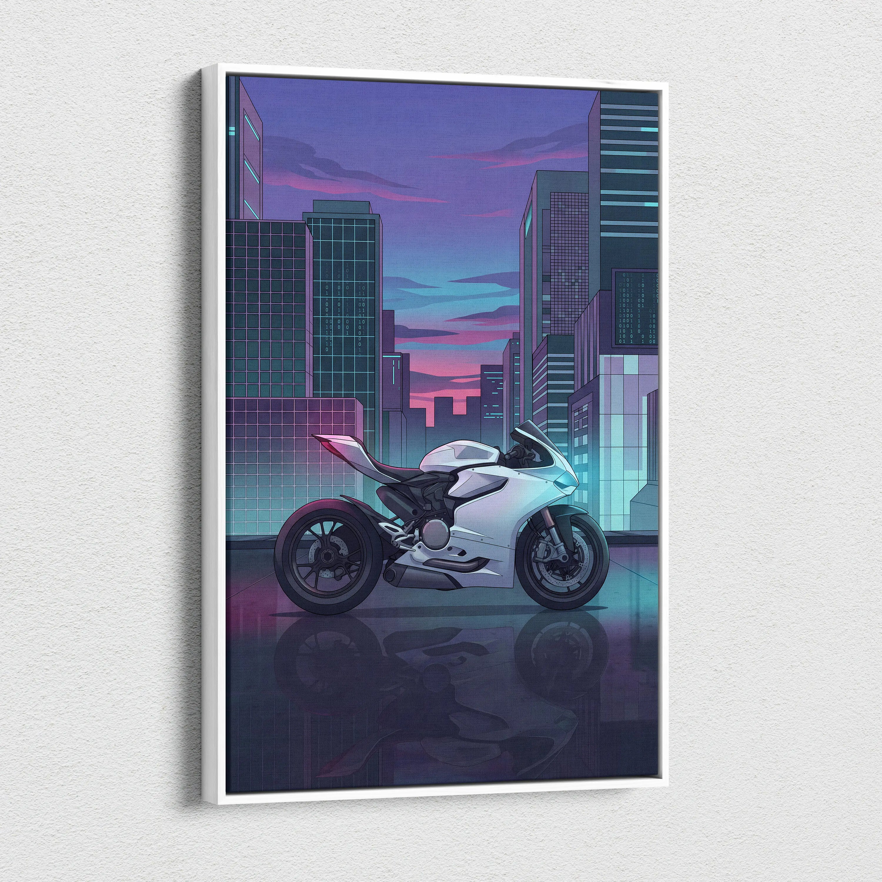 Ducati Panigale V2 Inspired White Teal Vaporwave Motorcycle Canvas Wall Art Neon City Sportbike Artwork Cyberpunk Garage Decor