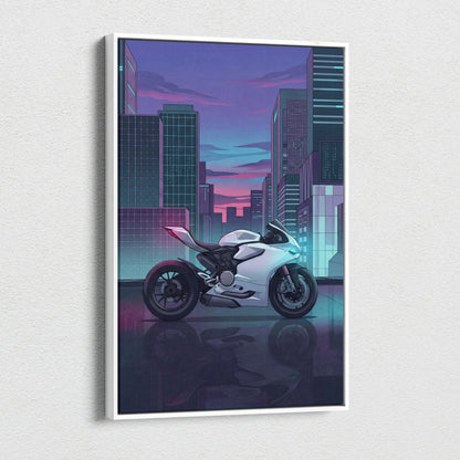 Ducati Panigale V2 Inspired White Teal Vaporwave Motorcycle Canvas Wall Art Neon City Sportbike Artwork Cyberpunk Garage Decor