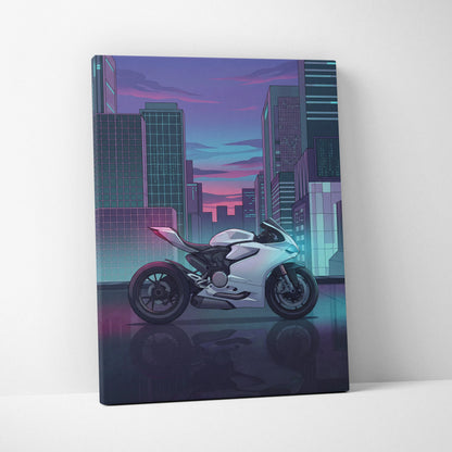 Ducati Panigale V2 Inspired White Teal Vaporwave Motorcycle Canvas Wall Art Neon City Sportbike Artwork Cyberpunk Garage Decor