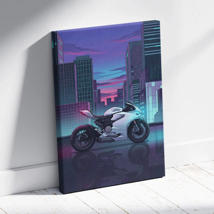 Ducati Panigale V2 Inspired White Teal Vaporwave Motorcycle Canvas Wall Art Neon City Sportbike Artwork Cyberpunk Garage Decor