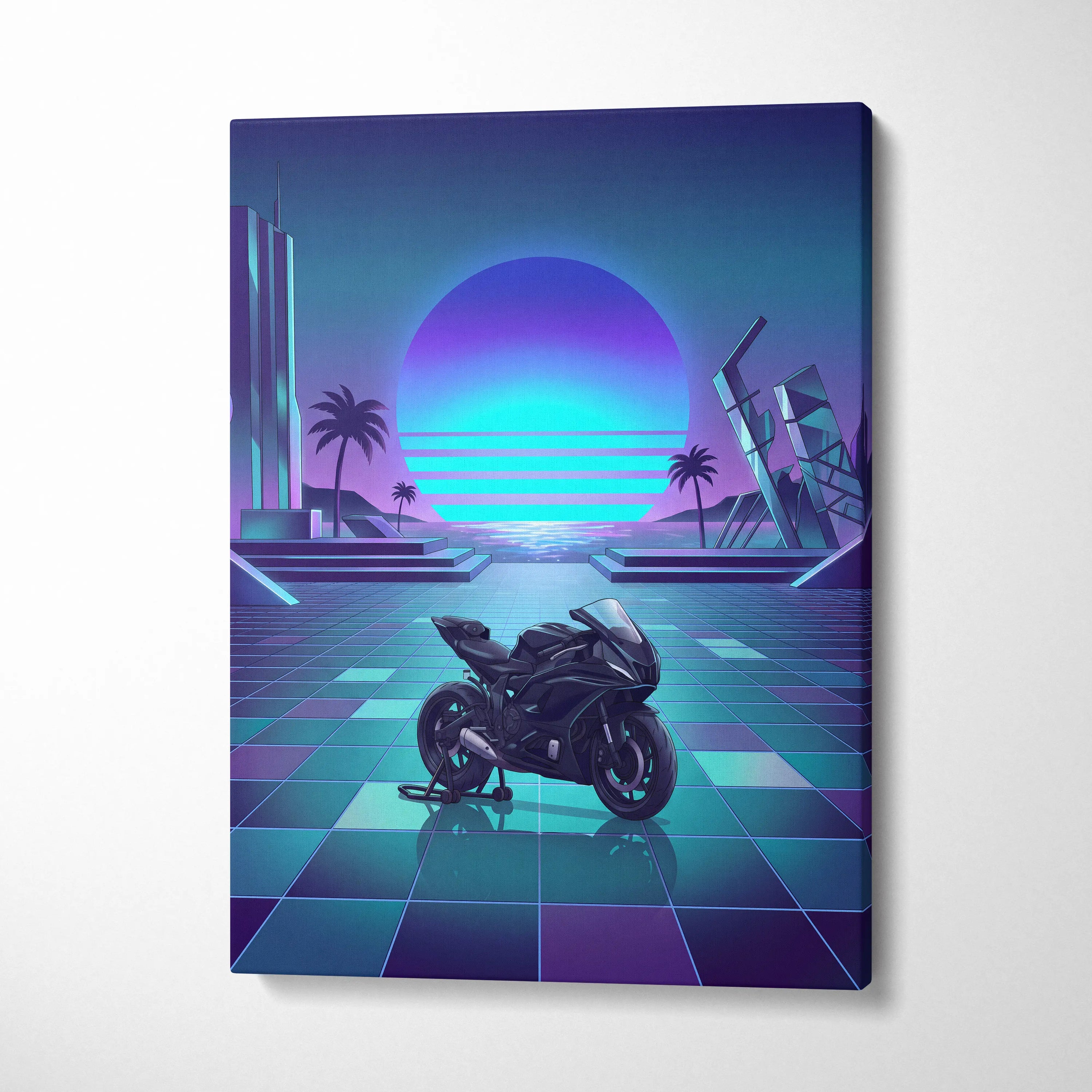 Yamaha YZF-R7 Inspired Purple Cyan Motorcycle Canvas Wall Art Vaporwave Neon Sunset Sportbike Garage Decor Retro Futuristic Artwork