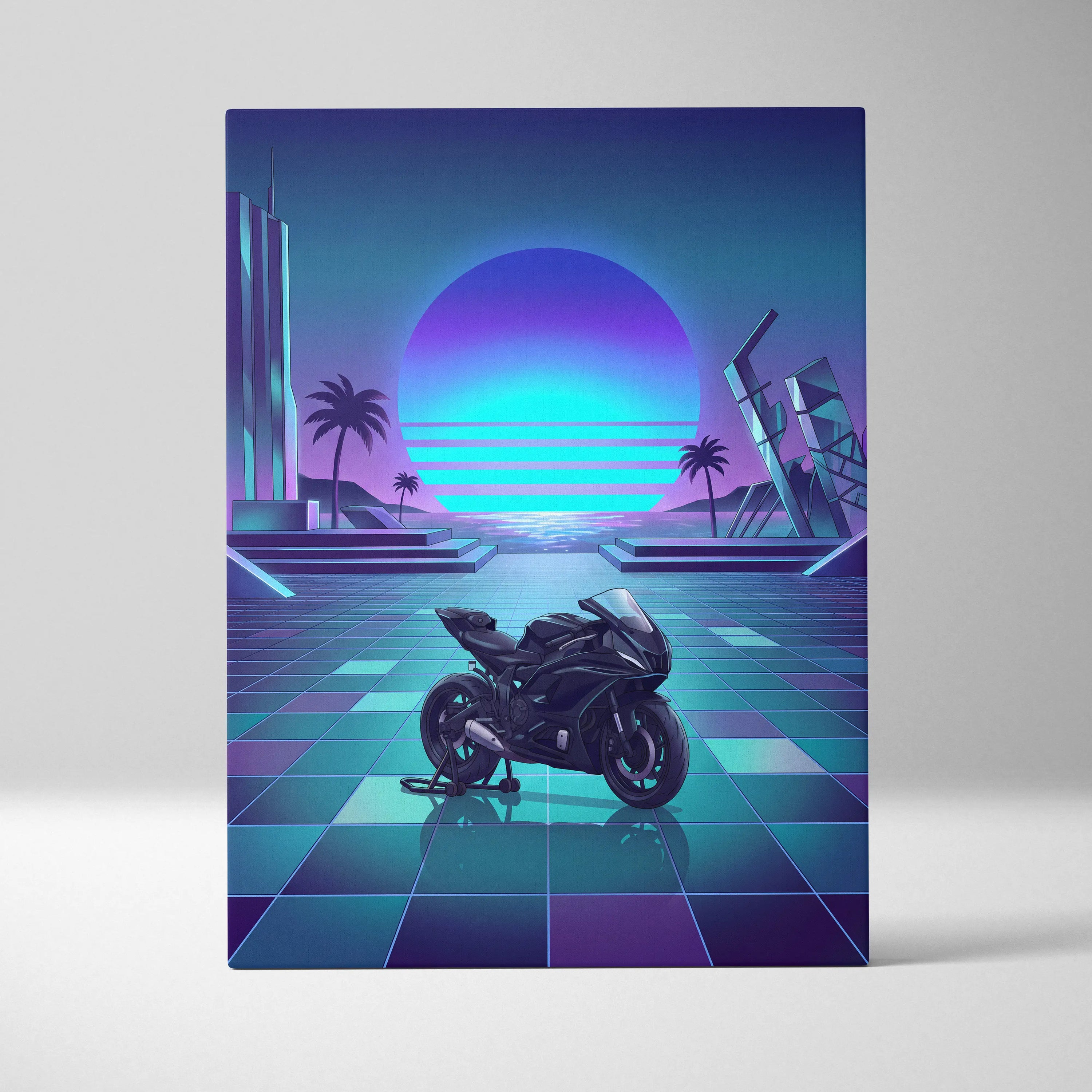 Yamaha YZF-R7 Inspired Purple Cyan Motorcycle Canvas Wall Art Vaporwave Neon Sunset Sportbike Garage Decor Retro Futuristic Artwork
