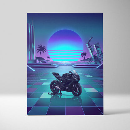 Yamaha YZF-R7 Inspired Purple Cyan Motorcycle Canvas Wall Art Vaporwave Neon Sunset Sportbike Garage Decor Retro Futuristic Artwork