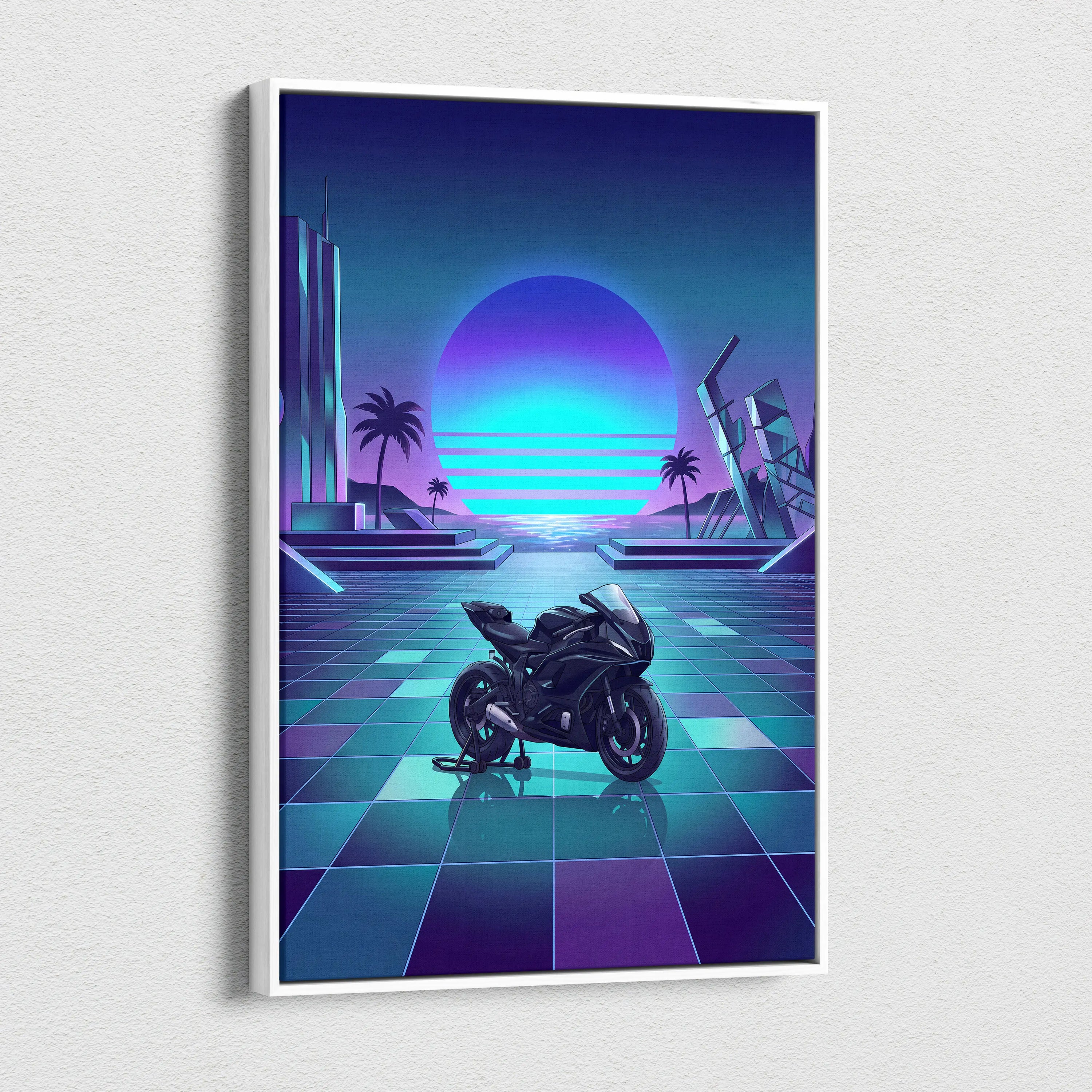 Yamaha YZF-R7 Inspired Purple Cyan Motorcycle Canvas Wall Art Vaporwave Neon Sunset Sportbike Garage Decor Retro Futuristic Artwork