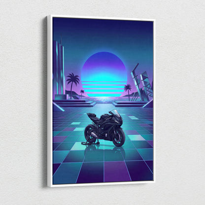 Yamaha YZF-R7 Inspired Purple Cyan Motorcycle Canvas Wall Art Vaporwave Neon Sunset Sportbike Garage Decor Retro Futuristic Artwork