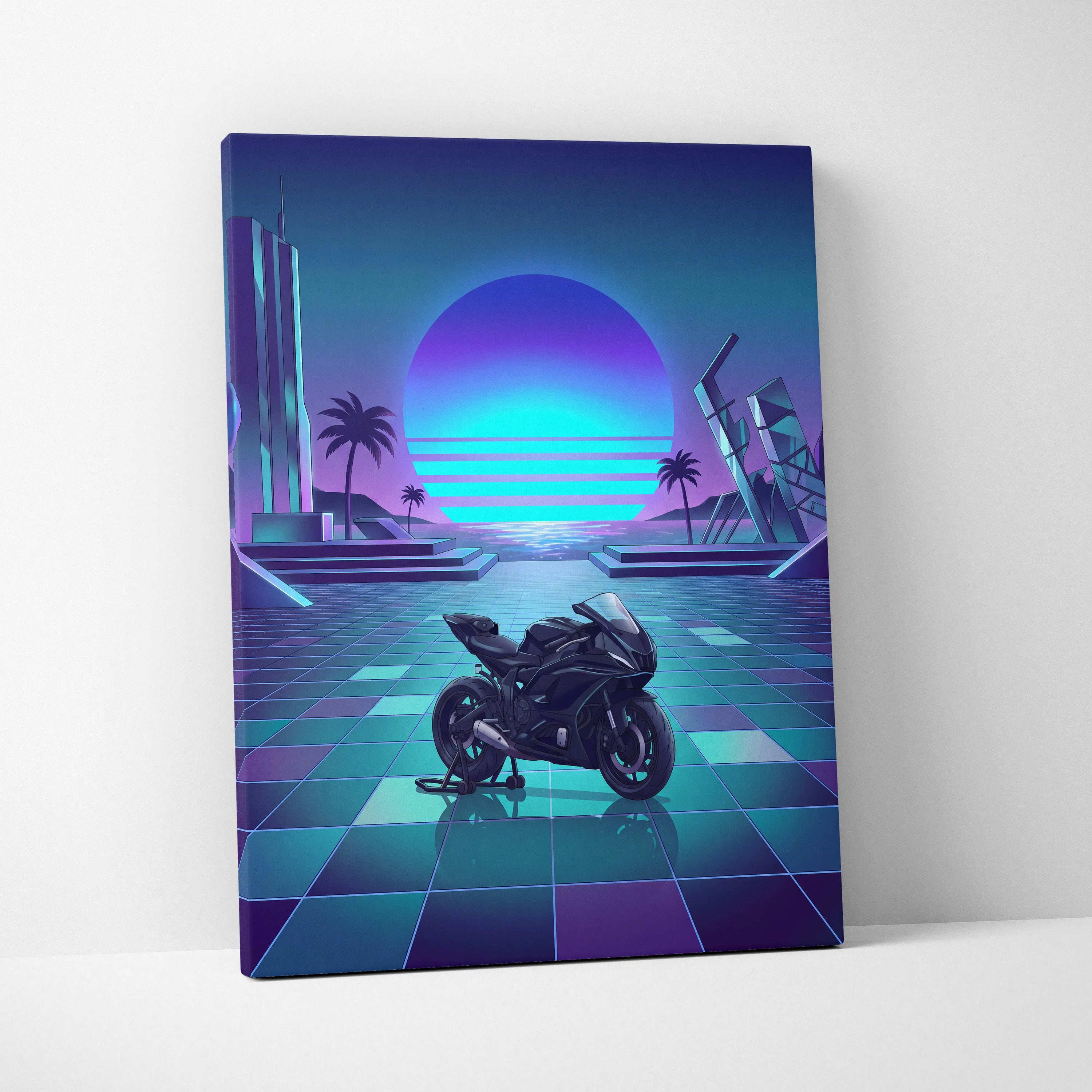 Yamaha YZF-R7 Inspired Purple Cyan Motorcycle Canvas Wall Art Vaporwave Neon Sunset Sportbike Garage Decor Retro Futuristic Artwork