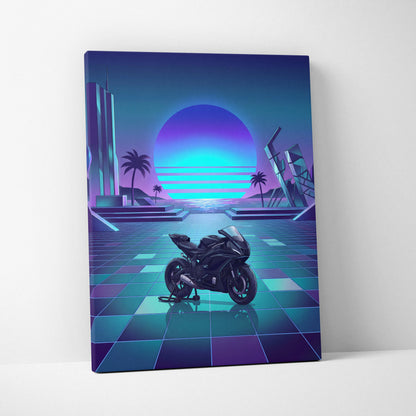 Yamaha YZF-R7 Inspired Purple Cyan Motorcycle Canvas Wall Art Vaporwave Neon Sunset Sportbike Garage Decor Retro Futuristic Artwork