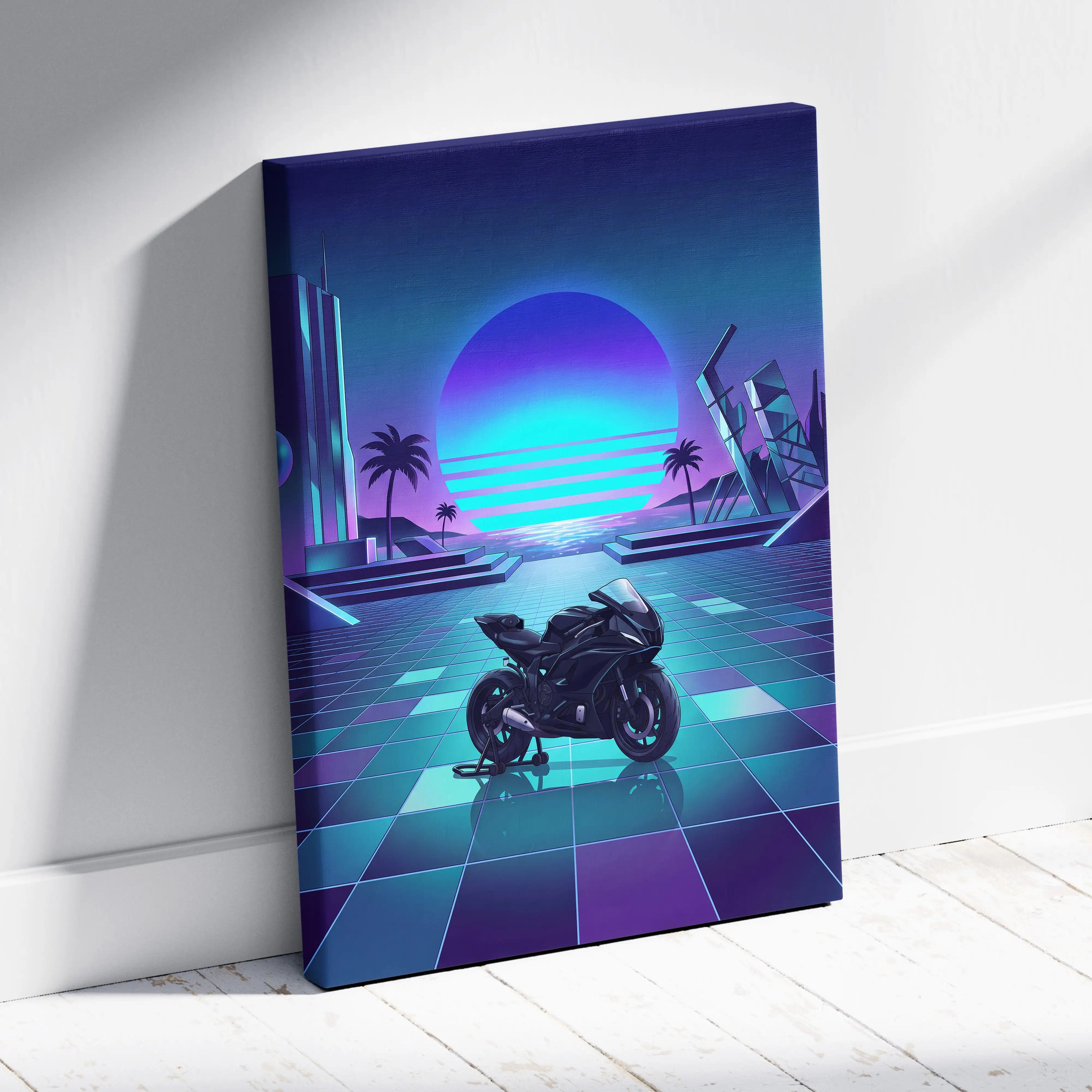 Yamaha YZF-R7 Inspired Purple Cyan Motorcycle Canvas Wall Art Vaporwave Neon Sunset Sportbike Garage Decor Retro Futuristic Artwork