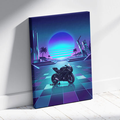 Yamaha YZF-R7 Inspired Purple Cyan Motorcycle Canvas Wall Art Vaporwave Neon Sunset Sportbike Garage Decor Retro Futuristic Artwork