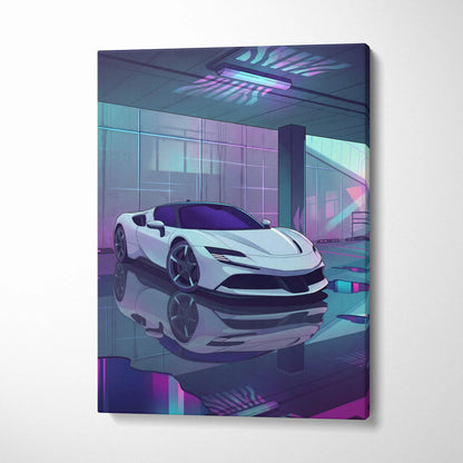 Ferrari SF90 Stradale Inspired Vaporwave Car Canvas - Vaporwave Car Neon Pink Purple Living Room Retro Futurism Moody Neon Glow Decor Wall Art Canvas
