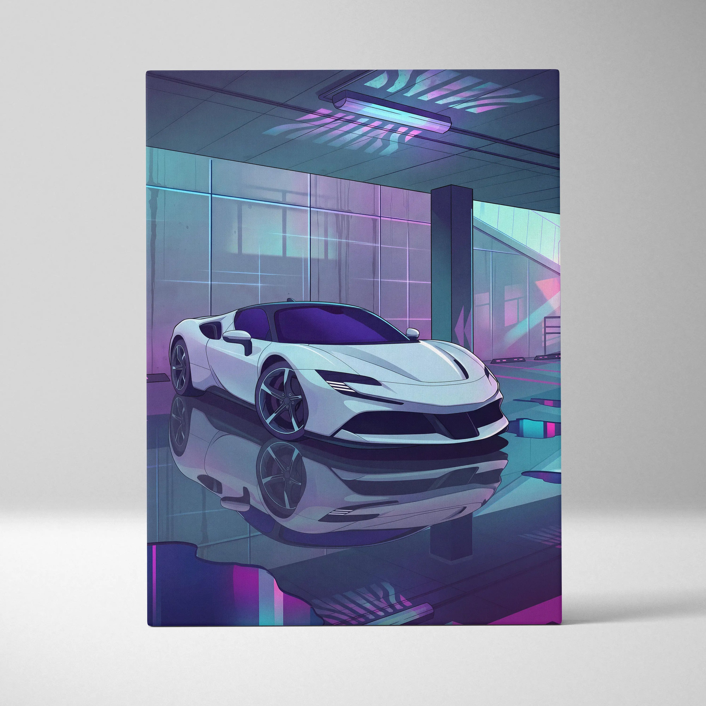 Ferrari SF90 Stradale Inspired Vaporwave Car Canvas - Vaporwave Car Neon Pink Purple Living Room Retro Futurism Moody Neon Glow Decor Wall Art Canvas