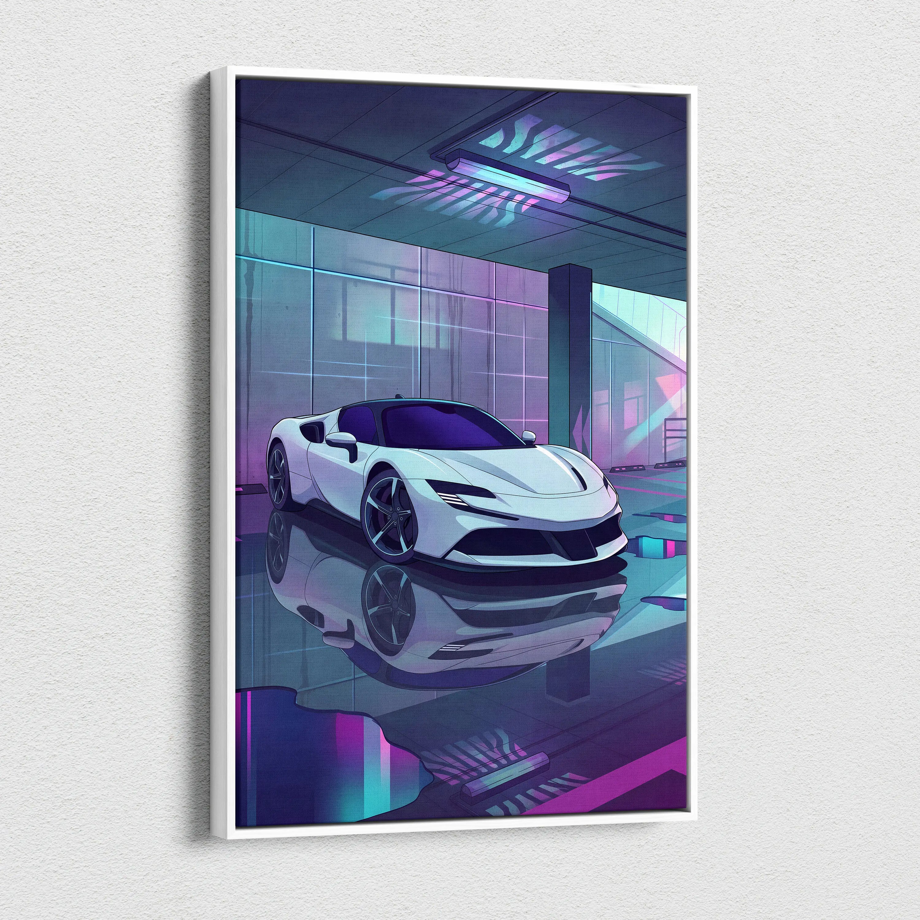 Ferrari SF90 Stradale Inspired Vaporwave Car Canvas - Vaporwave Car Neon Pink Purple Living Room Retro Futurism Moody Neon Glow Decor Wall Art Canvas